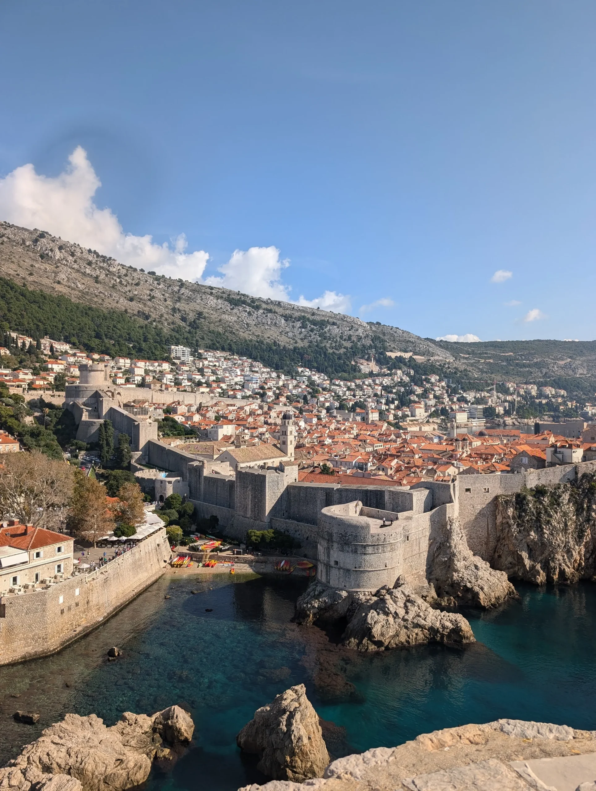 Panoramic view of the historic stone walls surrounding the old city of Dubrovnik, Croatia.